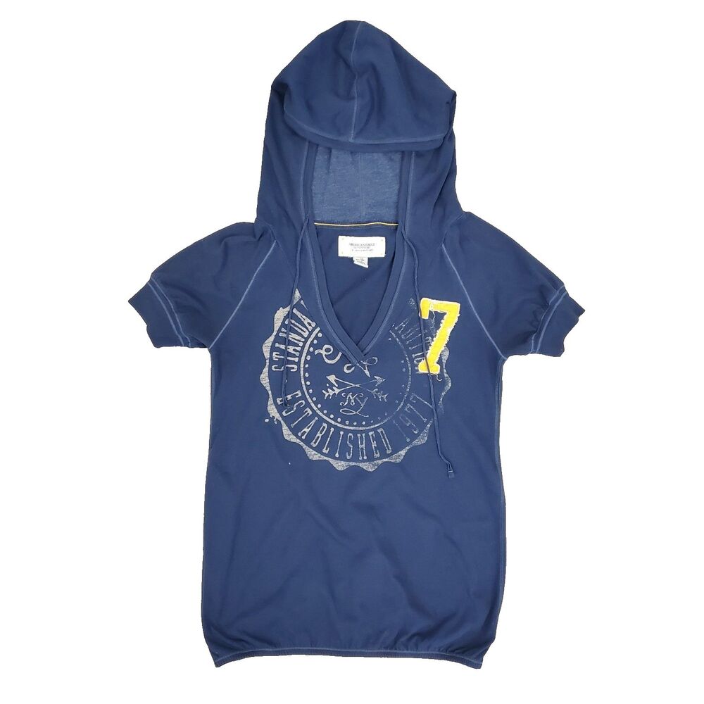 Vintage 00s Y2K American Eagle Graphic Hooded Top Vneck XS Blue Preppy